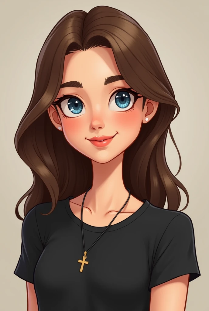 Brown-haired woman with blue eyes and black tshirt and cross necklace naturalistic cartoon smaller eyes