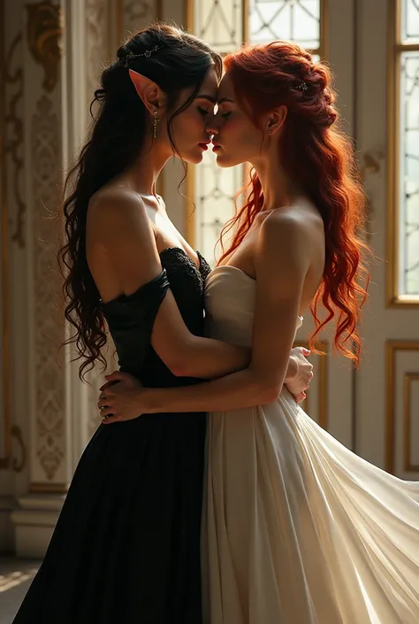 , the elven queen with green eyes , thin waist ,  with big hips and big booty ,  dressed in a rich black dress ,  passionately kisses the dark-red-haired countess, thin, in a beautiful white dress 