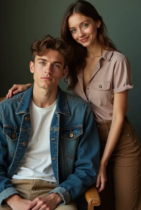 Portrait of a young man and a young woman .  The young man is seated in a chair while the young woman is standing next to him while placing a hand on the young mans shoulder. With contemporary clothing 