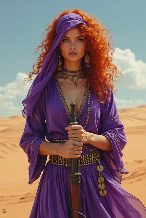  Curly-haired, armed red-haired gypsy woman . A purple veil covering the head to form a Muslim.  purple silk dress and coin scarf around the waist.  She is in the middle of the desert
The image is a realistic drawing.