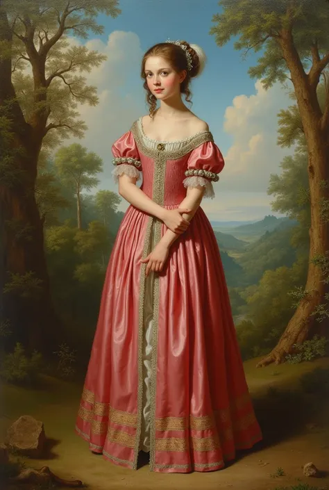 [[(full-length front view: young attractive girl) ((style Jean Antoine Watteau))]/[background:amazing Renaissance landscape based on Jean Antoine Watteau) (masterpiece)], oil painting, extreme detail, intricate, unusual, ((best quality))]