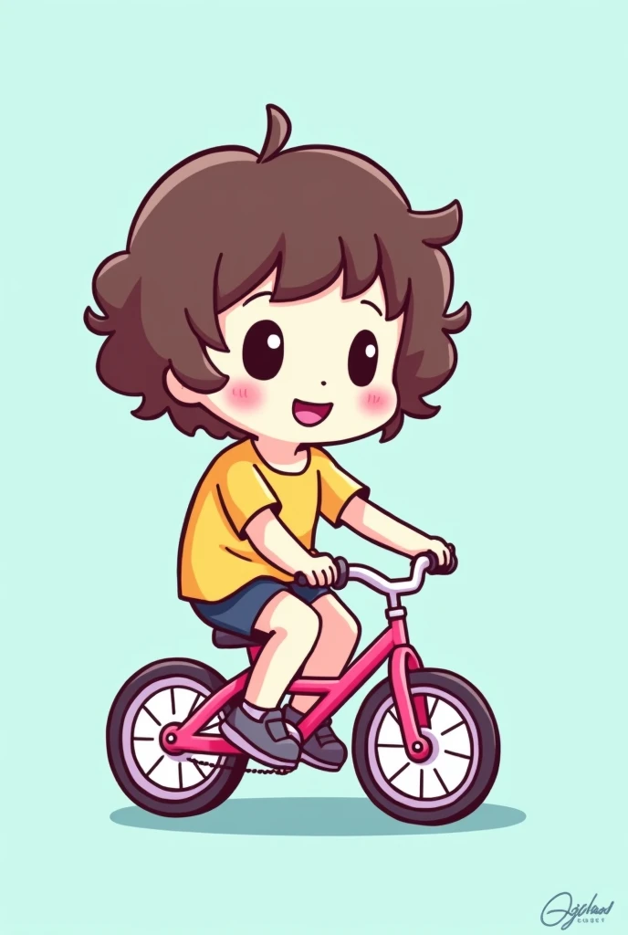 Create a chibi-style cartoon of one with short curly hair riding a pink bike,  bike ride with a light blue background and the drawing doesnt need to be detailed
