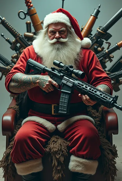 Santa Claus holding a rifle full of tattoo on his body in the sleigh with various weapons