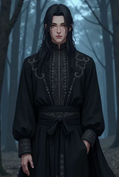 3D anime style image of a 27-year-old male character named Viy, tall (185-190 cm), slender yet muscular build, noble and elegant appearance inspired by Kim Taehyung (BTS) and Suguro Geto (Jujutsu Kaisen), dressed in Slavic clothes with black embroidered sh...