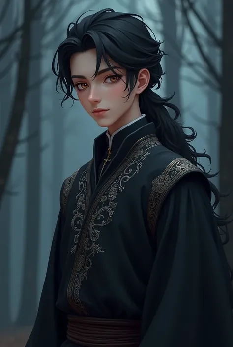 3D anime style image of a 27-year-old male character named Viy, tall (185-190 cm), slender yet muscular build, noble and elegant appearance inspired by Kim Taehyung (BTS) and Suguro Geto (Jujutsu Kaisen), dressed in Slavic clothes with black embroidered sh...