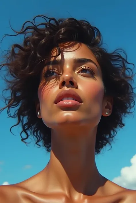 Realistic image of a woman with Brazilian features from the waist up looking at the blue sky 