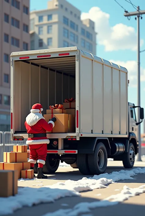 large white utility car , parked sideways. logistics,  Santa Claus smiling unloading packages
