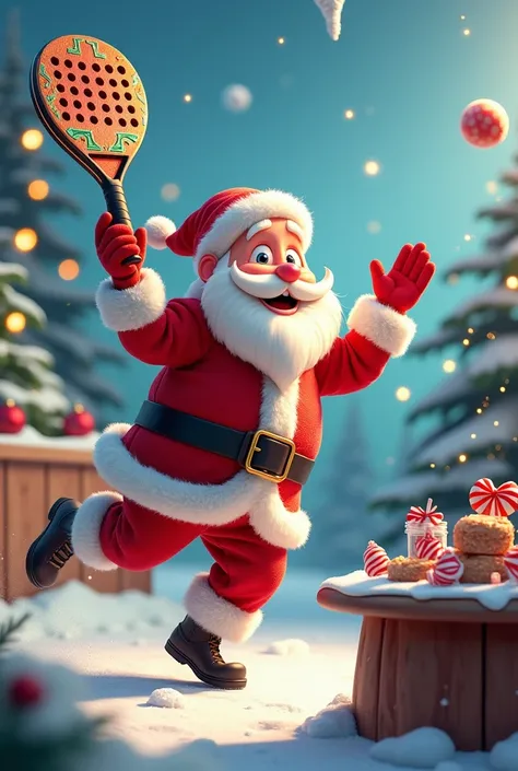 Animated Santa Claus playing padel, with a table next door with candies and mistela