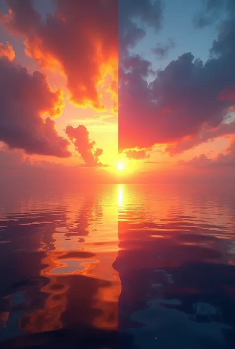 The screen is divided in the middle, with a sunrise at the top and a sunset at the bottom, creating a single image that allows you to compare the sunrise and sunset.