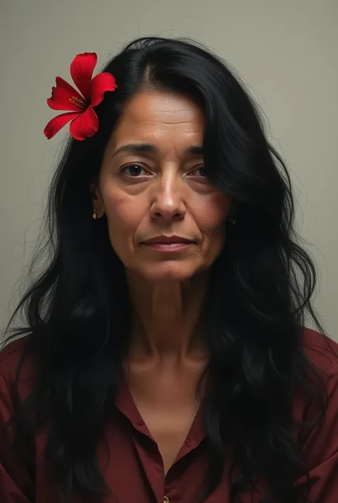 Uma woman colombiana, adult, mother,  Long black hair, Lonely expression , sad, complacente, red clothes,  red flower in the hair, woman, Madura, latino americana 
