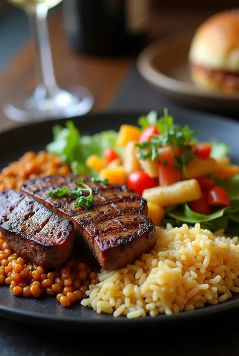 Breast fillet and beef steak with rice and lentils, Ripe fried and carbonated salad . 