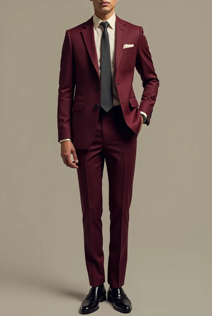 
 Burgundy or Wine Suit

Combination:

shirt: Light beige or white  ( both are safe options ).

tie: dark grey,  black or with a discreet design .

 Shoes: blacks,  preferably patent leather .