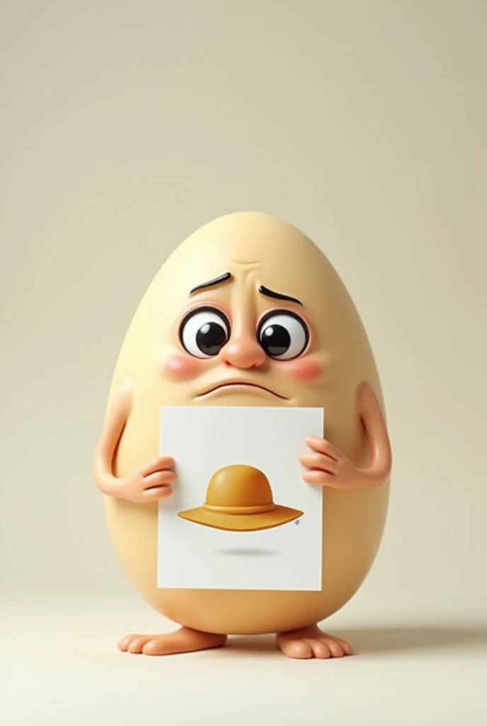 Animated egg with a disgusted face holding a poster with a white peasants hat that is cover art 