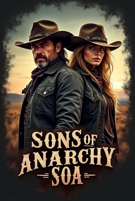 Male and female cowboy logo with the phrase "Sons of Anarchy" and the word "soa"