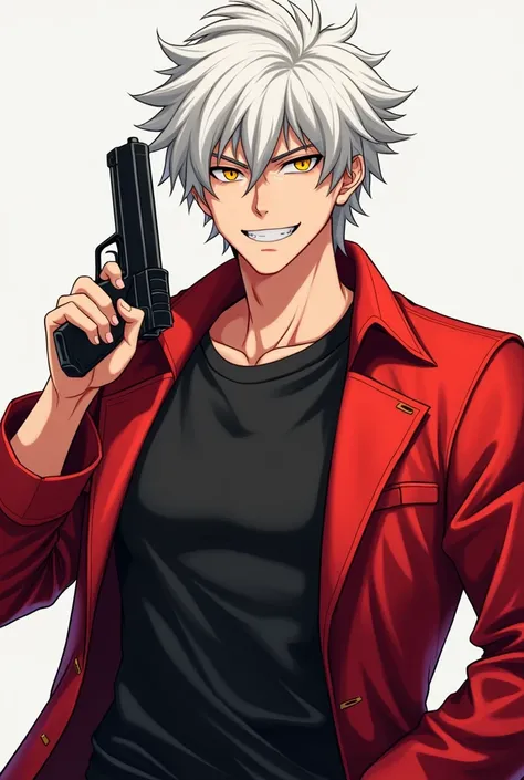 red coat, t-shirt preta, white hair, yellow eyes, smile,  holds pistols in your hands, anime, man