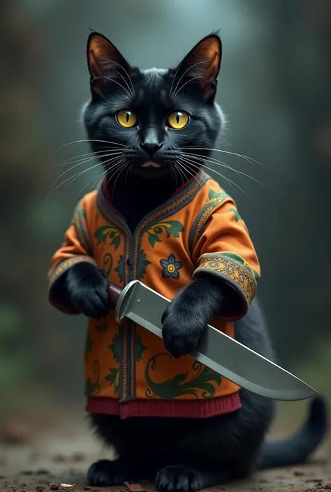 black cat wearing a Peruvian t-shirt and carrying a knife 