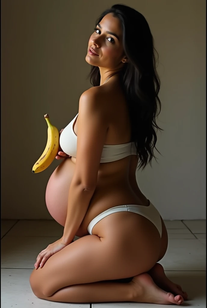 Peruvian woman showing vagina while inserting a banana while kneeling and looking back
