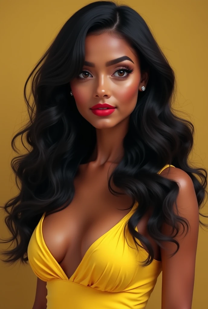  22-year-old female,  with black hair and in wild waves , big brown eyes, with long eyelashes, with brown skin, with a full mouth and red ,  with a seductive smile , not so tall,  dressed in a yellow dress with a deep neckline,  short stature 