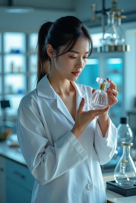  Create an image of a person holding a perfume bottle smelling it, Inside a Chemistry Lab, In the upper right corner the word PANELIST