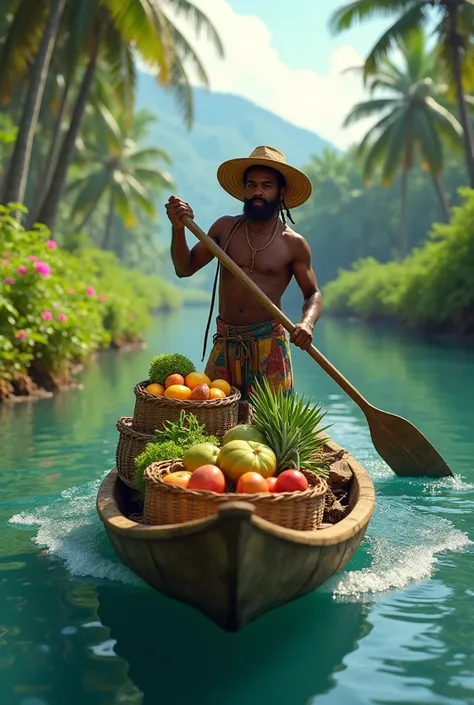 Garifuna man poling vboat up river with farm goods
