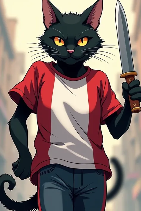 black cat with a t-shirt the t-shirt has to be red on the sides and half white and carrying a knife in the anime version