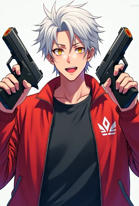 Red running jacket, t-shirt preta, white hair, yellow eyes, smile, Hold futuristic pistols in your hands, anime, man, 