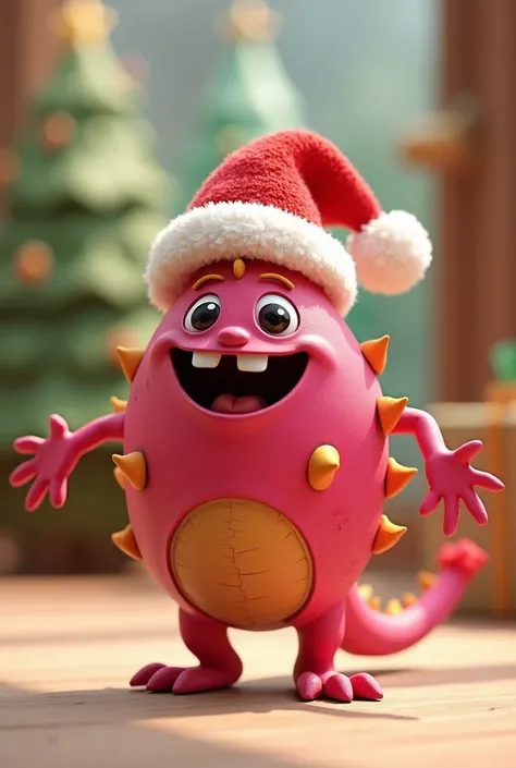 Pitahaya  (dragon fruit )  with animated arms and legs ,  in the style of 3d cardboard ,  with a happy face , as if it were a cartoon ,  that has a Christmas hat 