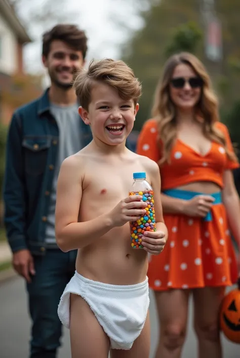 a 17-year-old boy dressed as a baby with a bottle full of candy and a towel in the crotch of his pants for Halloween with his friends and friends disguised as a mom and a dad 