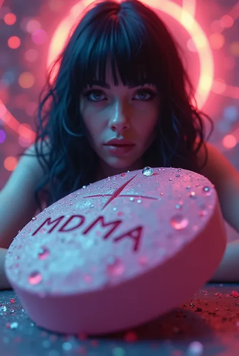 Create a perfect pill written MDMA and with a hallucinated sexy woman in the background  , Improve this image increase the size of the pill and write MDMA on the pill improve this image even more 