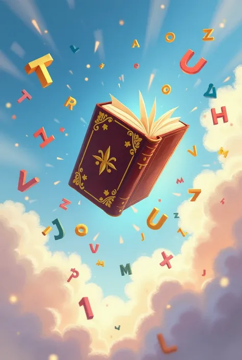 A flying book ,  sky with letters ,  numbers floating in the air,, Pixar Watercolor style  