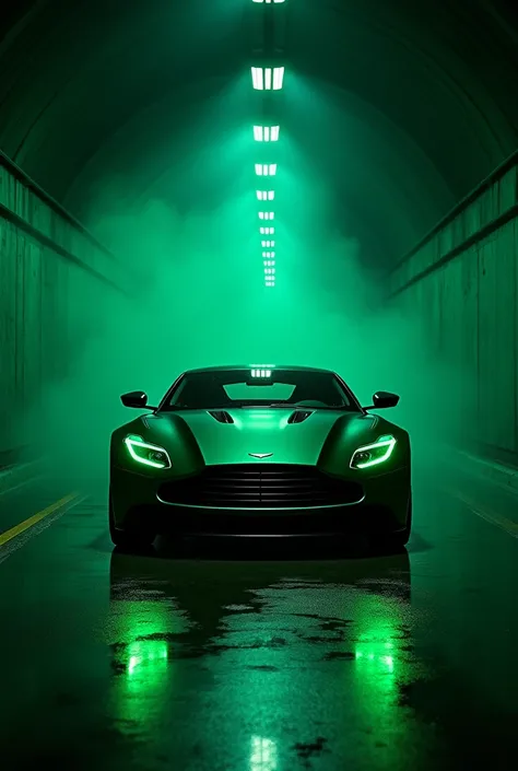 A hyper-realistic image of an Aston Martin DB12 in a matte emerald green color standing still in a dimly lit tunnel with a dark green and black ambiance. Emphasize the cars bold and understated design, glowing green headlights, and a faint green under glow...