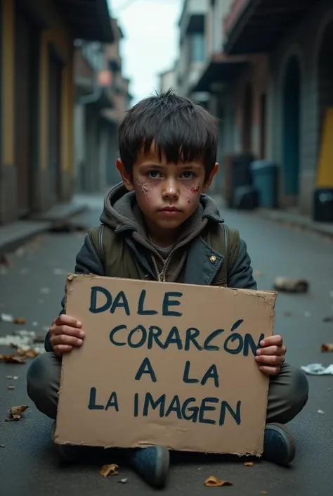 A heartbreaking scene of a young boy sitting on a cold, empty street, appearing visibly injured and sad. The boy wears tattered clothes and has a somber expression, with tear-streaked cheeks. He is holding a worn cardboard sign that reads Dale corazón a la...