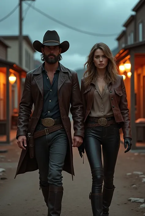 Man wearing leather pants and shirt, leather blouse, cowboy outfit, woman wearing blouse and leather pants walking down the street of a small county in the old west, looking at the camera focus, on a cold and cloudy night, wind blowing, small orange lights...