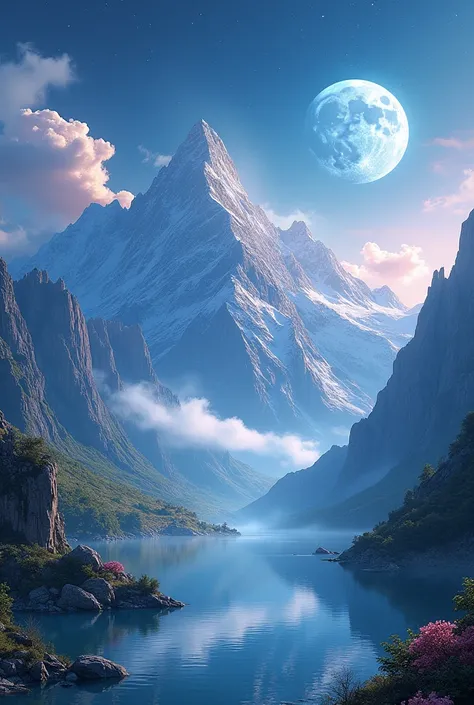 mountains and a lake with a moon in the sky, 4k highly detailed digital art,  4K HD wallpaper highly detailed  ,  impressive fantasy scenery ,  sci-fi fantasy desktop wallpaper, Unreal Engine 4k wallpaper,  detailed digital art in 4K , Science-Fiction-Fant...