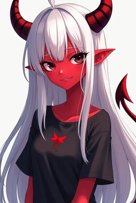  Make an anime character like Boku no hero ,  and she will have white hair ,  clothes in scene style ,  she will be a demon but cute ,  black eyes , straight hair,  she will give off a calm and harmless air ,  she will have red skin ,  demon horns and smal...