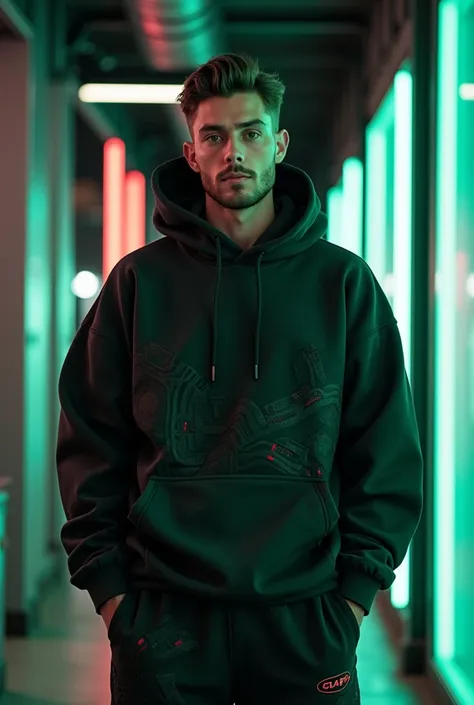 A confident male model showcasing a bold, oversize streetwear outfit from the brand CAP. Both the hoodie and joggers are designed in an oversized fit, reflecting a relaxed yet stylish vibe. The hoodie is crafted from premium fabric, combining matte black a...