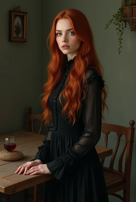 vampire girl " elizabeth olsen " with red long hair, stands thoughtfully near the table