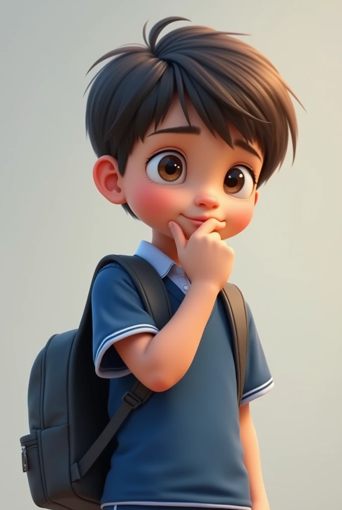 Boy with dark brown eyes fair skin smooth hair with backpack in blue uniform 
