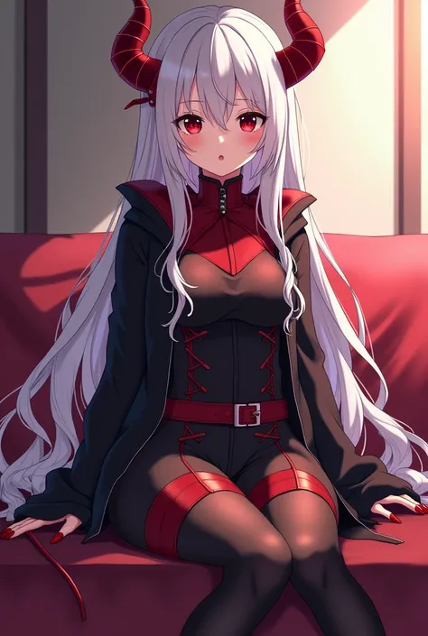  Make an anime character like Boku no hero ,  and she will have white hair ,  clothes in scene style ,  she will be a demon but cute ,  black eyes , straight hair,  she will give off a calm and harmless air ,  she will have red skin ,  demon horns and smal...