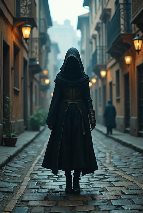 Create an image of a young, hooded murderous girl on a 1500-year-old street with a mysterious design in the style of Ezcio Auditore from Assasins Creed