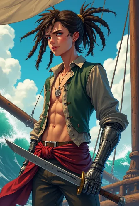 Anime teen pirate with dreadlocks with a left prosthetic metal arm and a cutlass on his waist 