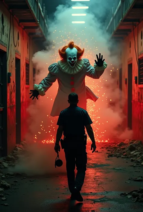 " An evil clown in a destroyed prison environment ,  whirling frantically as he approaches the terrified policeman .  He is shrouded in sparks and smoke ,  with manic laughter echoing through the walls .  His eyes shine with reflections of the flames in th...