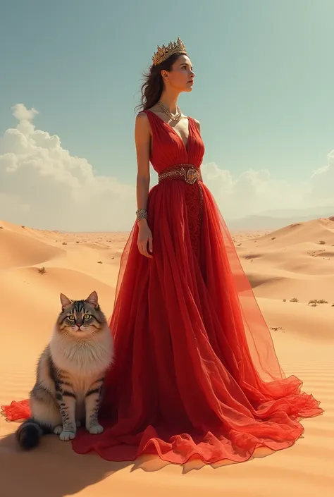 A very beautiful woman , wears a long pasmina and a small crown , in a luxurious red dress wide and long , until she dresses in the vast desert , in the company of a pure white Persian giant cat that is very large and bushy