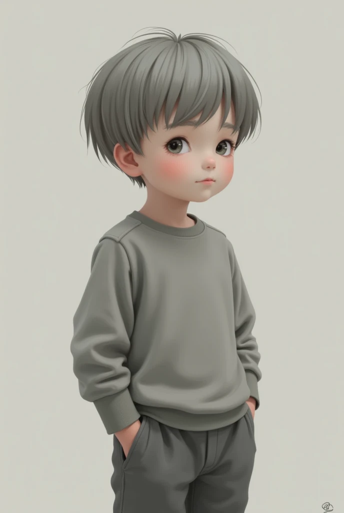 Boy with pale skin, round face, gray shirt, gray hair and gray pants