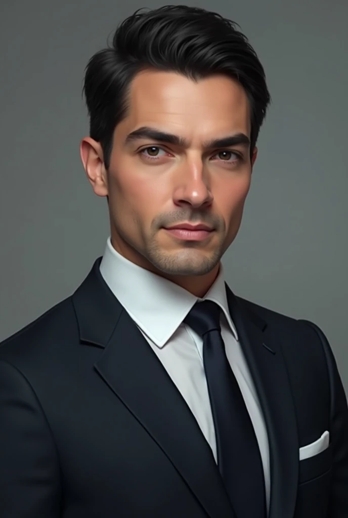 a black-haired male lawyer , Without Beard,  long eyelashes and big eyes dressed in a suit