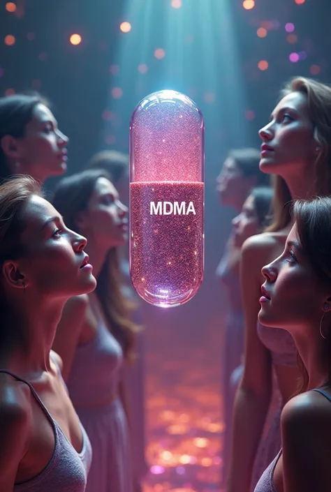  pill Create a perfect pill floating MDMA written on it , And several women in the background idolizing the  , with a more psychedelic hallucinogenic effect 