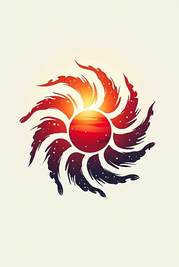 Create a logo, a red sun,  with seven blades instead of rays , that rotate to the right ,  that these blades are shaped like a drop of water