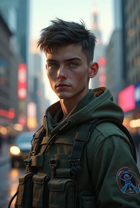 Imagine avatar  

((  ultra detailed  ,   masterpiece  , absurdres))
 AVmilesq  , 1 boy from 25 , Cheveux Courts, blue skin, yellow eyes, Étant en ville, à côté des buildings lumière solaire dynamique ,  hyperrealistic , with American soldier clothes ,