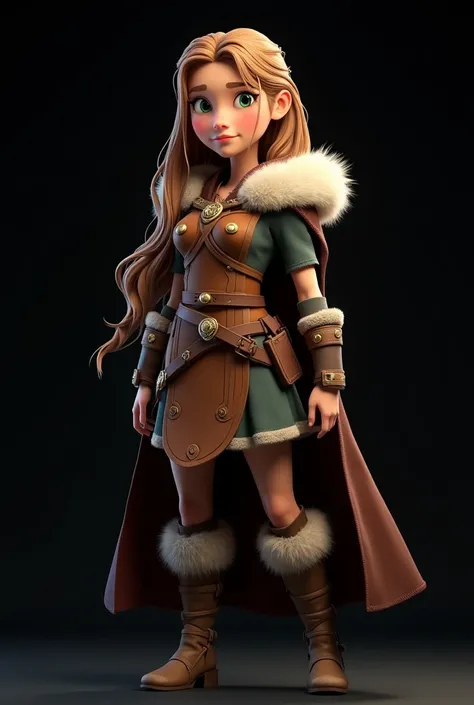  generates an image of a character , She has medium height , Thin but athletic ,  ,  long light brown hair ,  green eyes ,  black background, She is from the Viking era ,  digital cartoon style image ,  similar to how to train your dragon, whole body, roup...