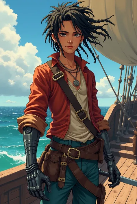 Anime teen pirate with dreadlocks with a left prosthetic metal arm and a cutlass on his waist 